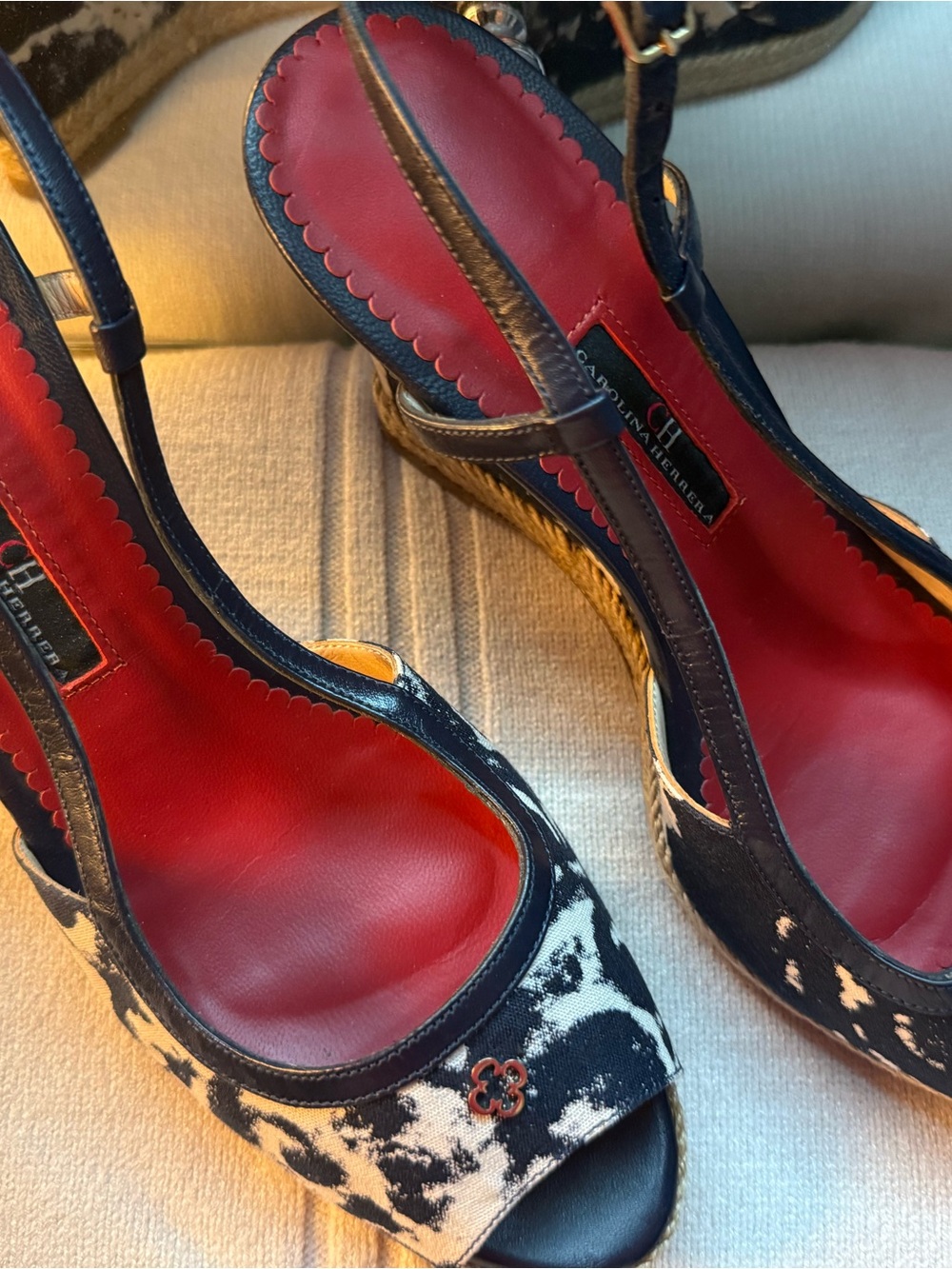 Carolina Herrera navy & White Peep-Toe Wedge Sandals
